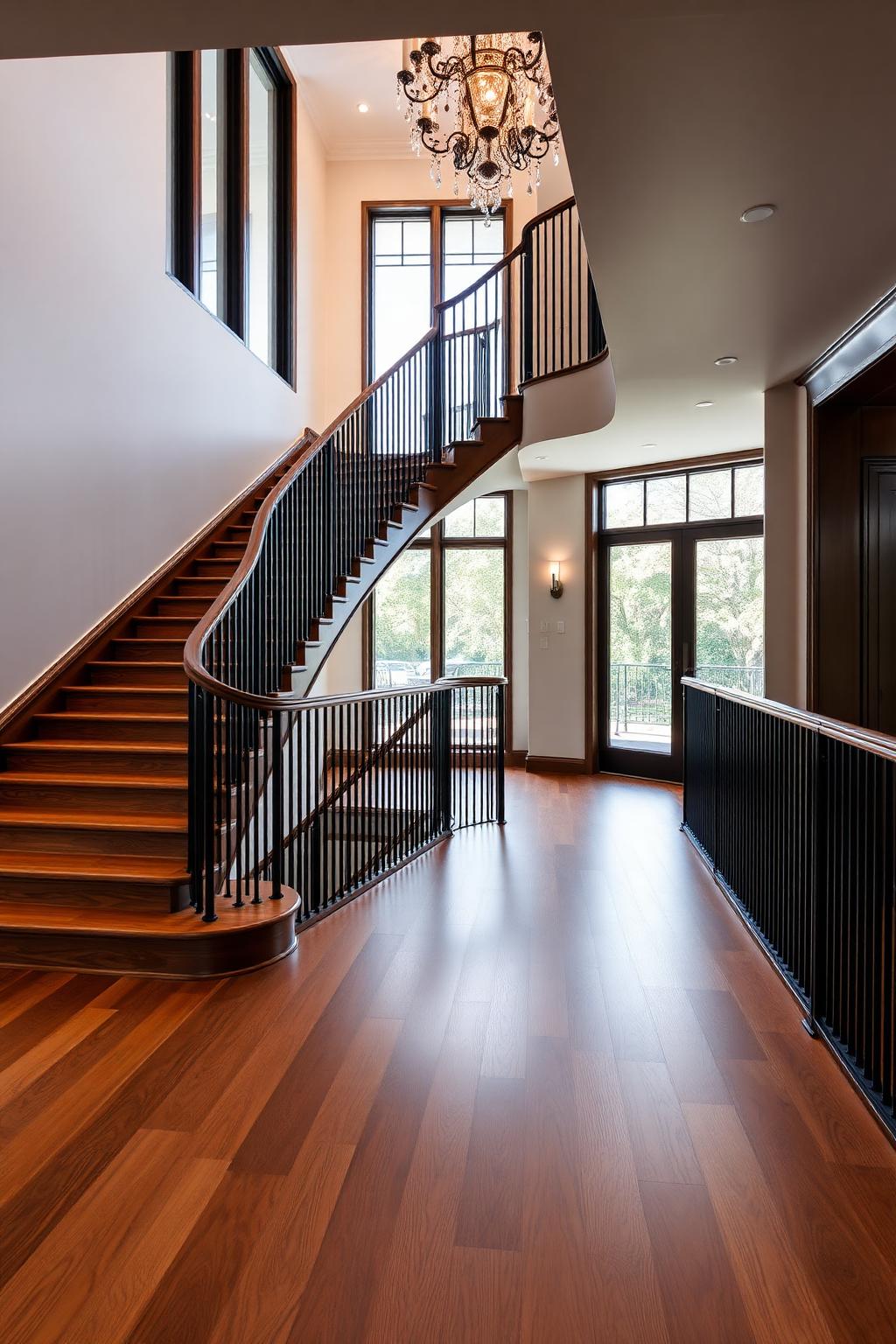 Modern hardwood staircase with black railings