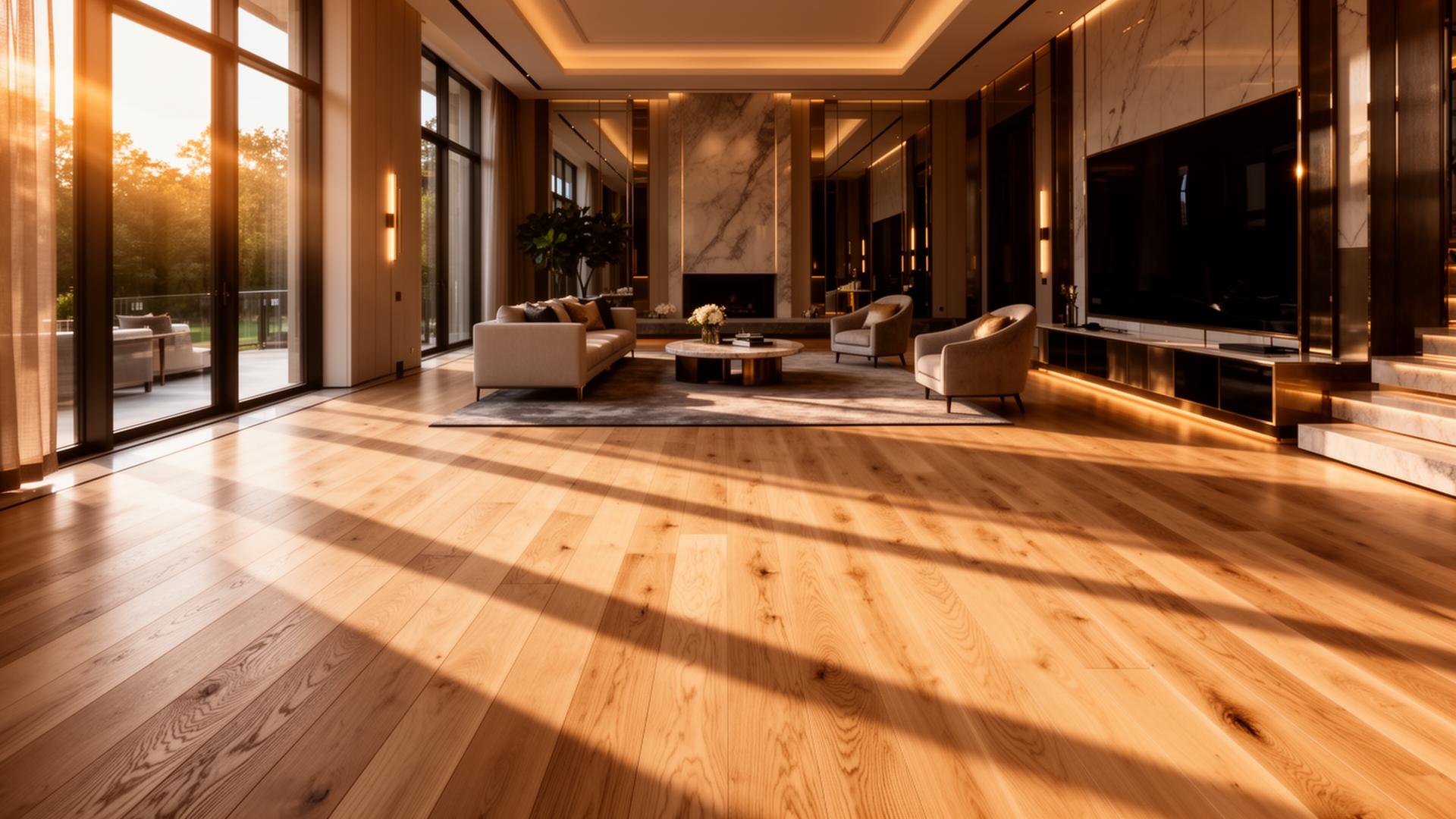 Luxury living room with freshly installed white oak hardwood flooring bathed in warm sunlight